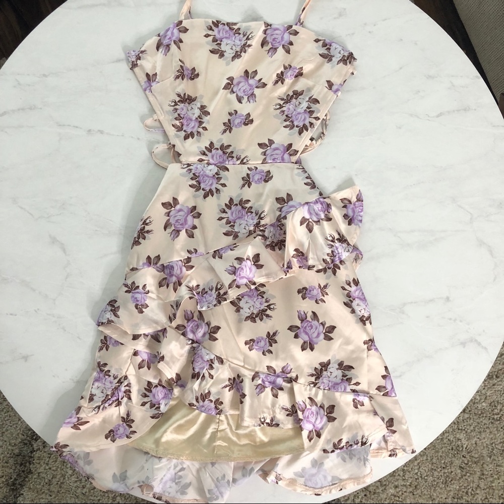 NWT Floral Silky Caged Back Ruffle Mini Dress